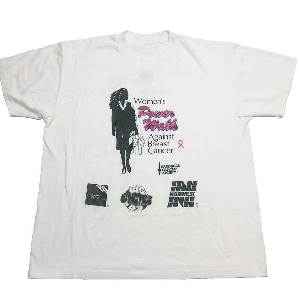 Vintage Womens Power Walk Against Cancer White Single Stitch T Shirt Size L